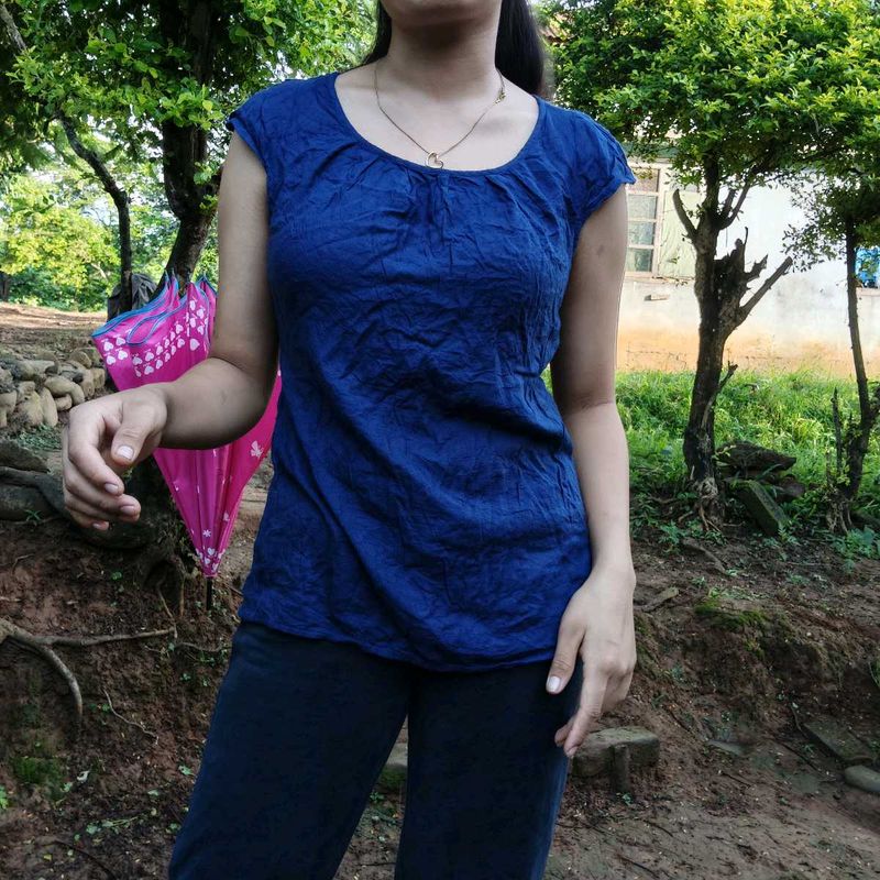 Blue Textured Cap Sleeve Top