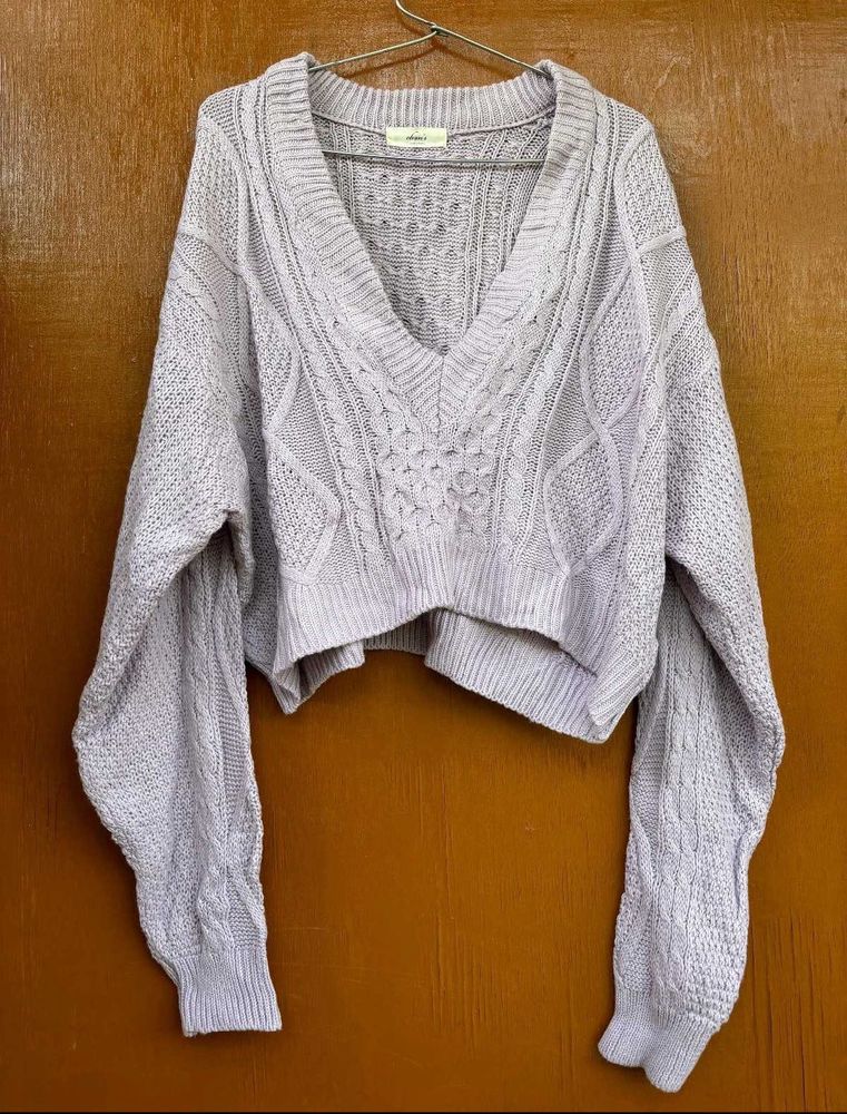 Lilac Cropped V neck Cable Knit Sweater