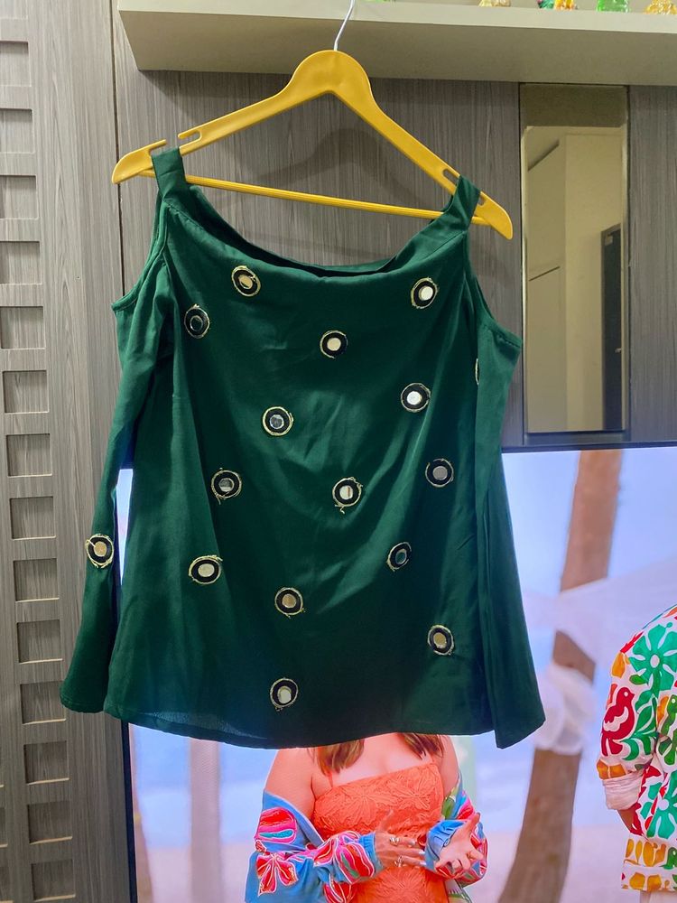 Green Embellished Cold Shoulder Top