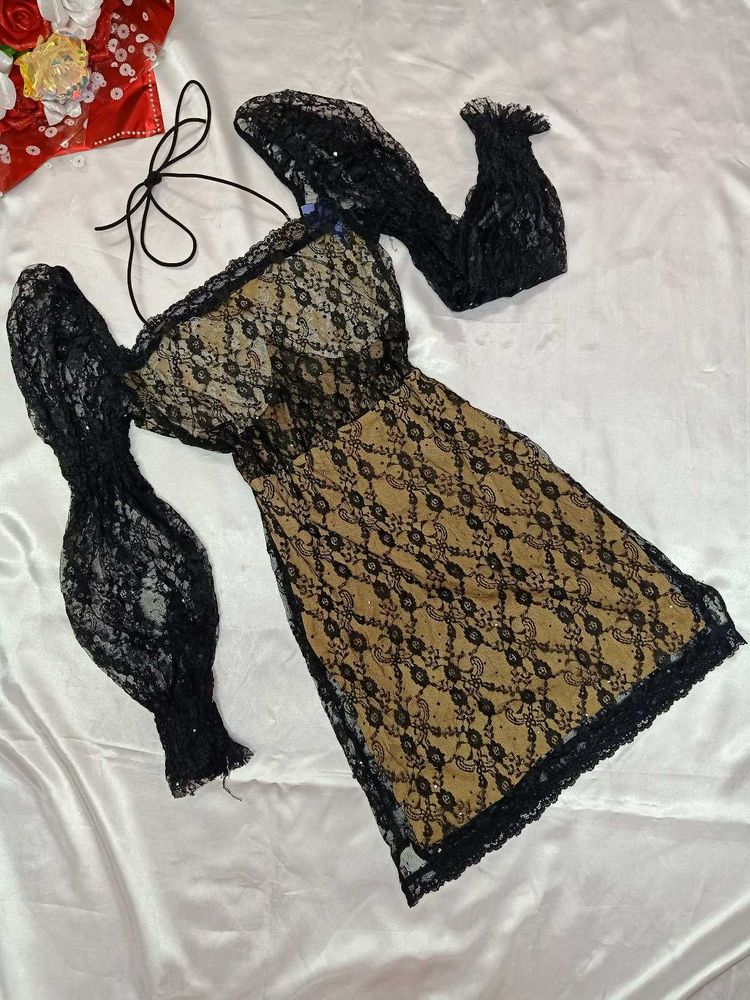 Black Sheer Lace Mesh Mini Dress🖤