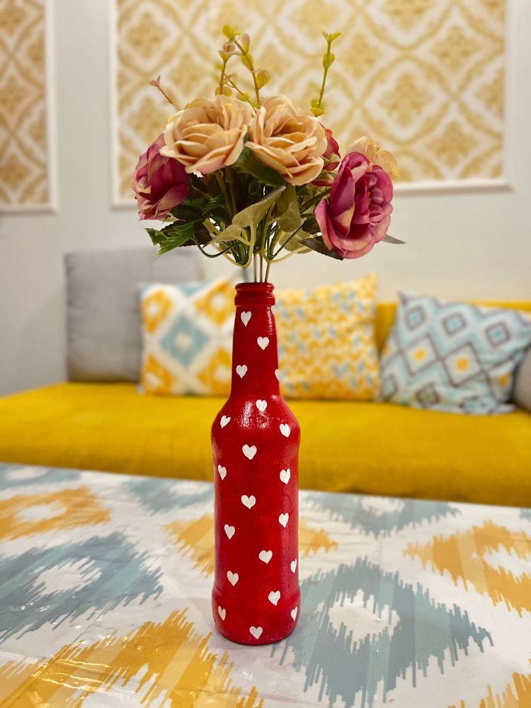 Red Heart Handpainted Glass Bottle Vase