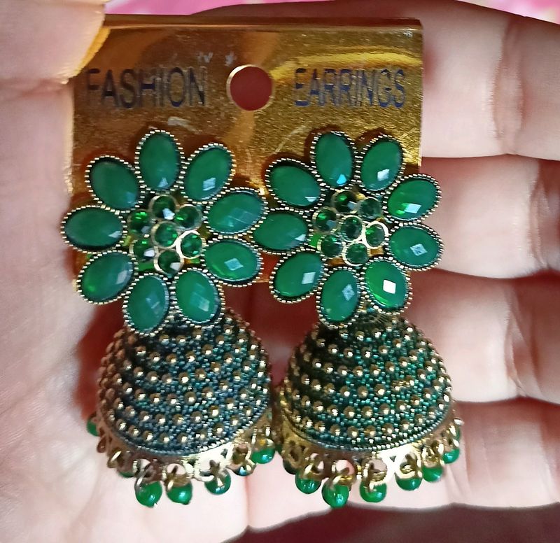 Green Colour Stone Jhumka Earring