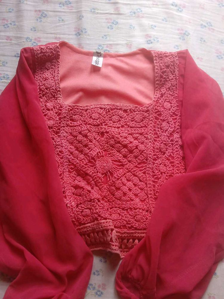 Crochet Detail Balloon Sleeve Top