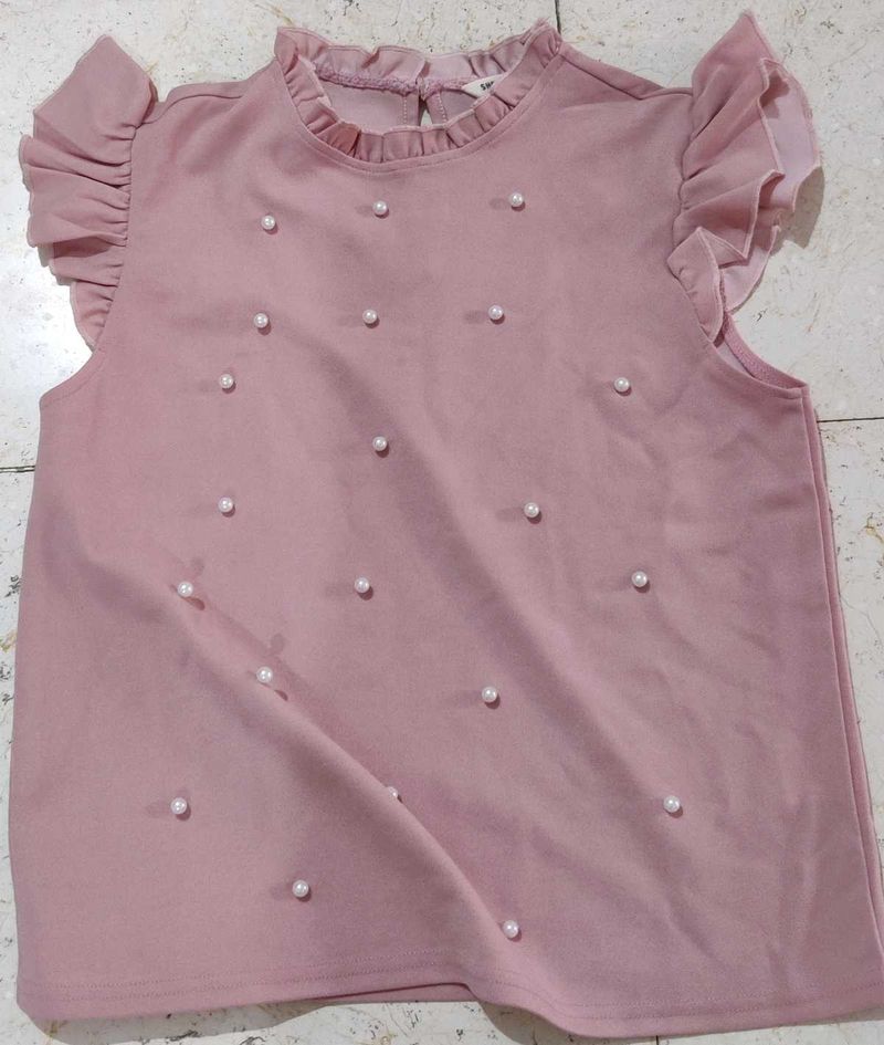 Peach top with white moti beads
