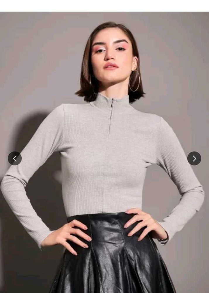 Gray Ribbed Mock Neck Top