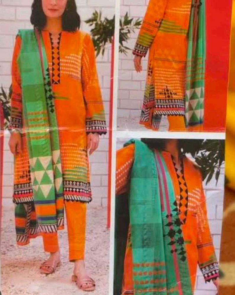 Orange &amp; Green Embroidered Shalwar Kameez