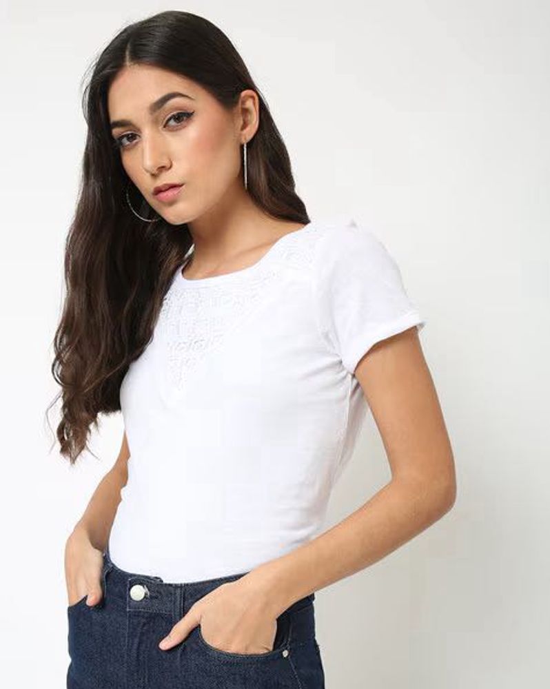Lacy Yoke Round Neck Top