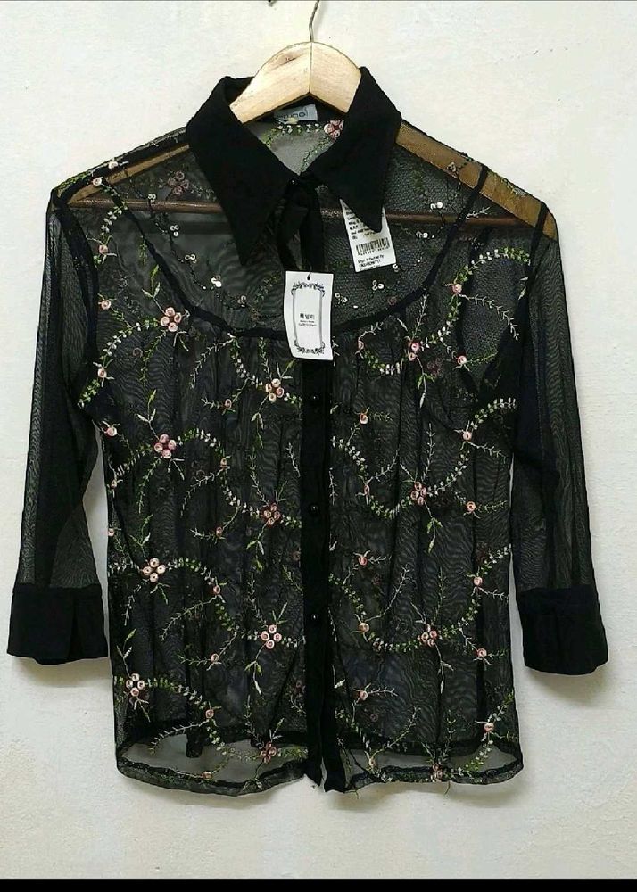 Floral Embroidered Mesh Top