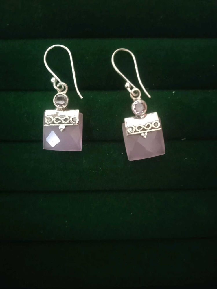 92.5 Silver Rose Quartz Drop Earrings