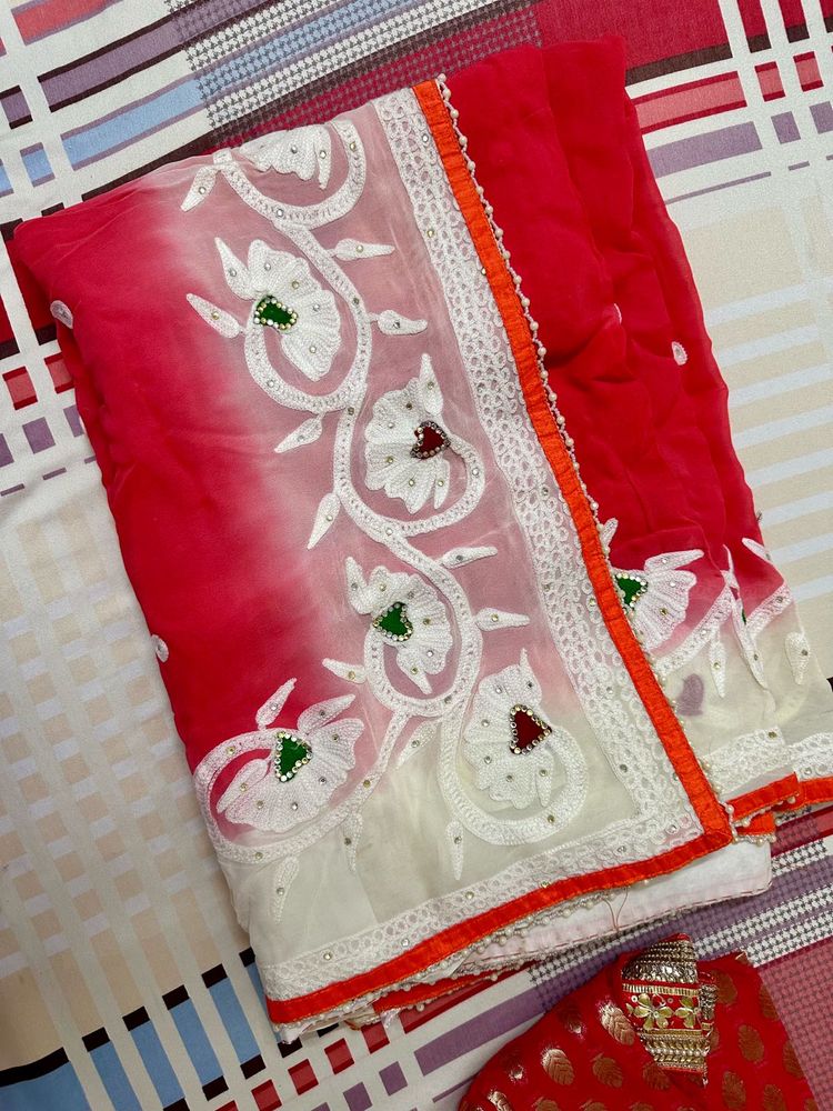 Elegant Red and White Georgette Saree with Floral