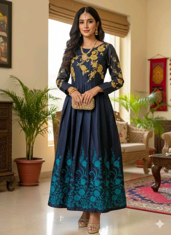 Elegant Navy Blue Embroidered Gown