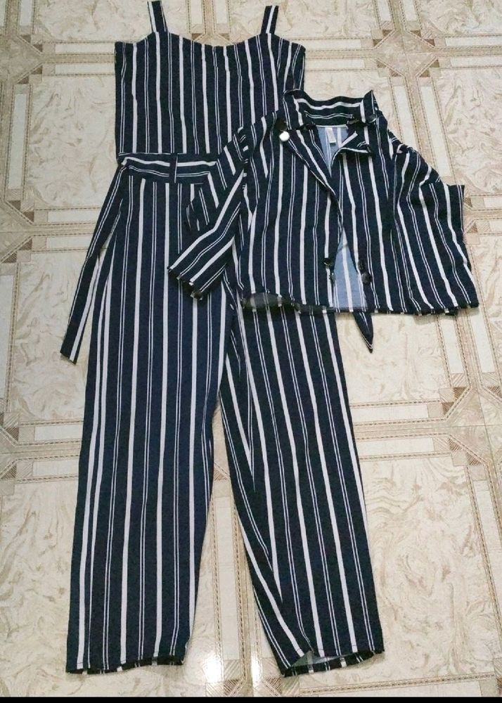 Nagotiable. Navy Blue And White Striped Jumpsuit With Jacket