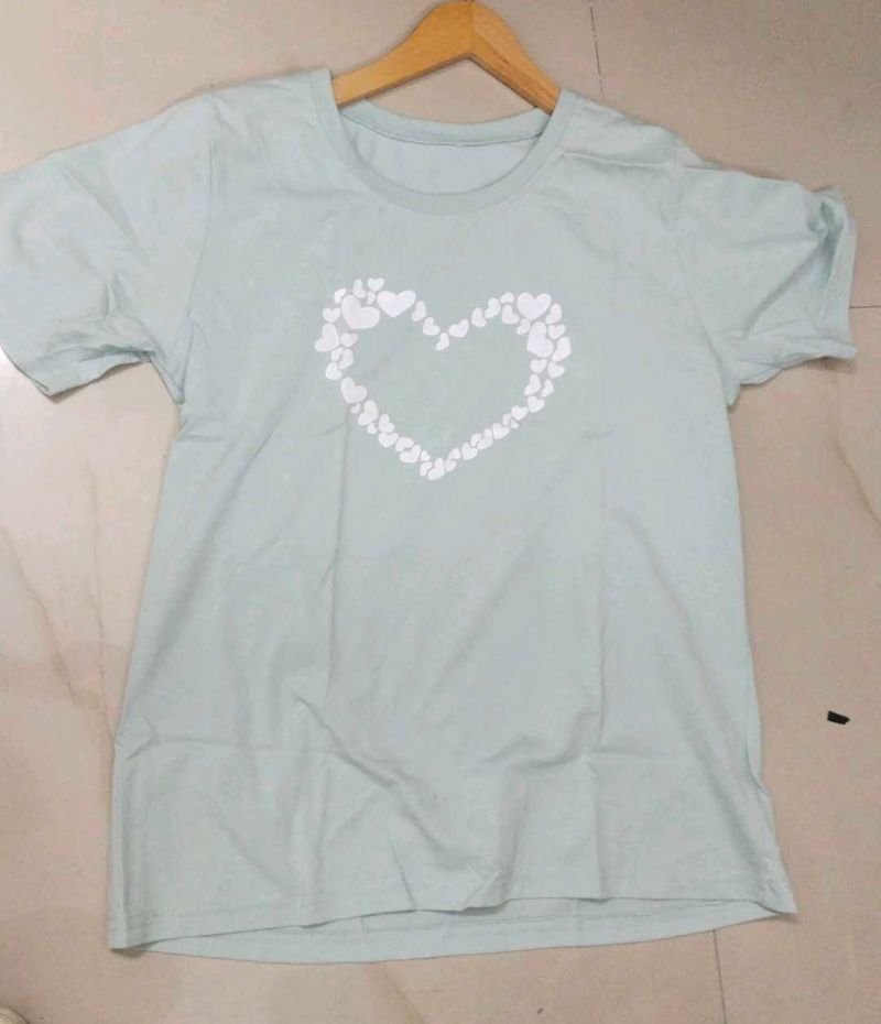 Mint Green Cotton T-Shirt with Heart Print