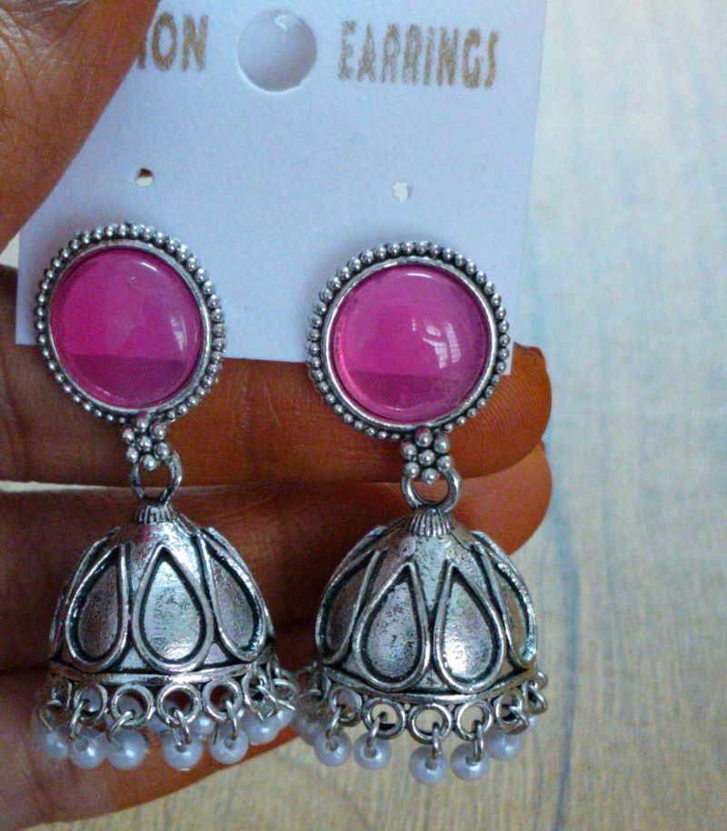 Pink Stone Oxidized Silver Jhumka Earrings