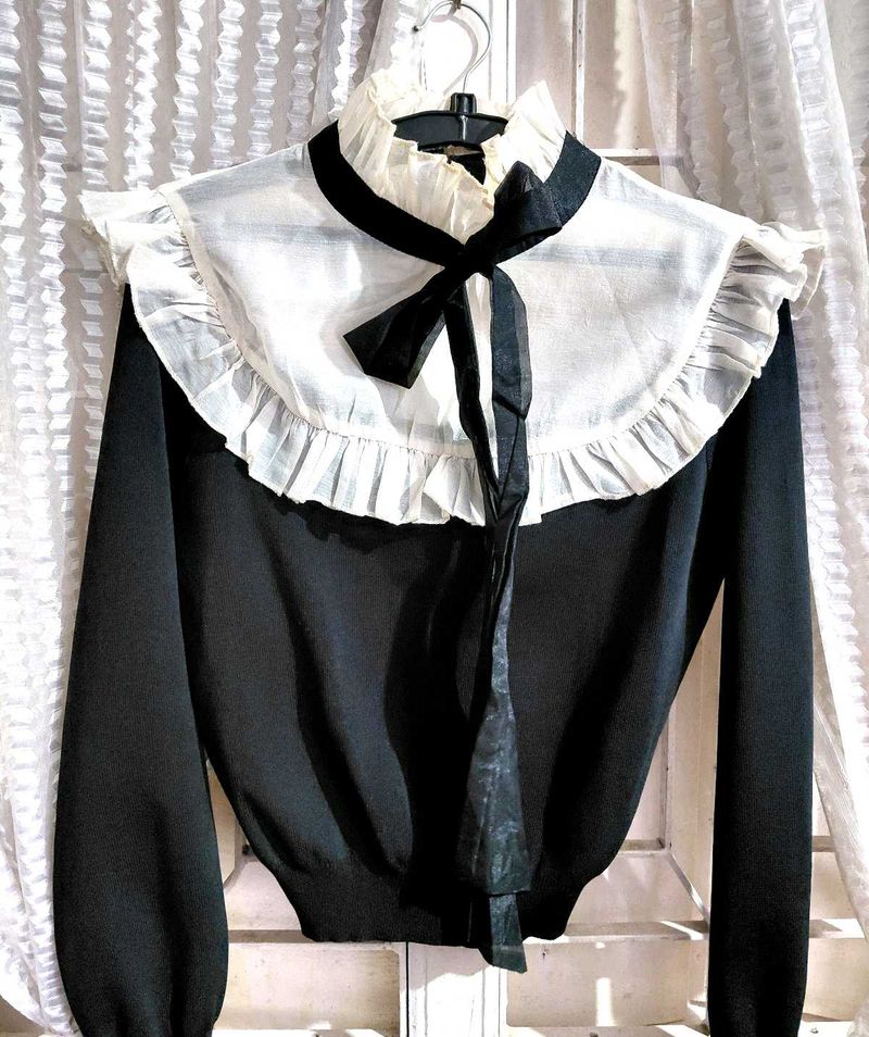 Zara Ruffle Collar Blouse - Black &amp; White