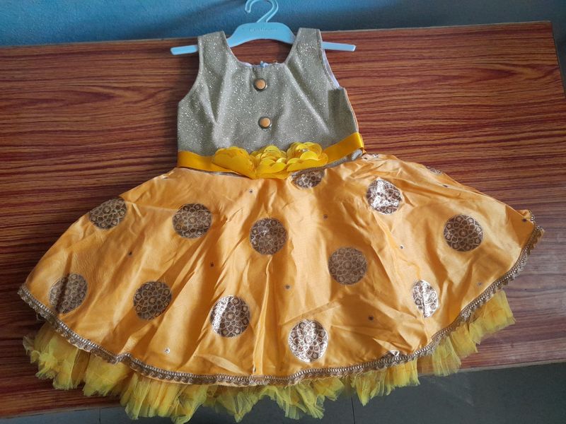 Silver And Yellow Frock For 1 Year Baby
