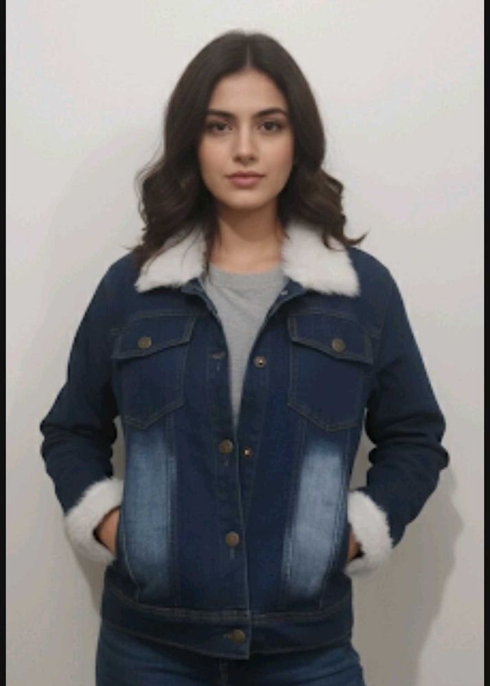Fuzzy Trim Denim Jacket