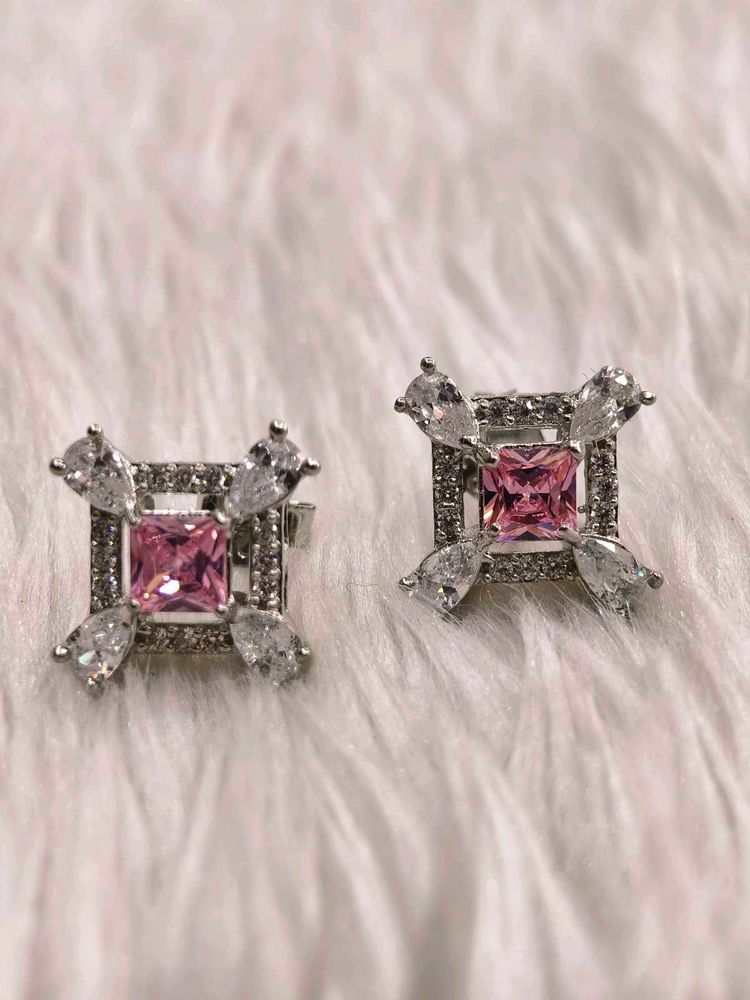 Pink Stone Stud Earrings 925 Silver Sterling
