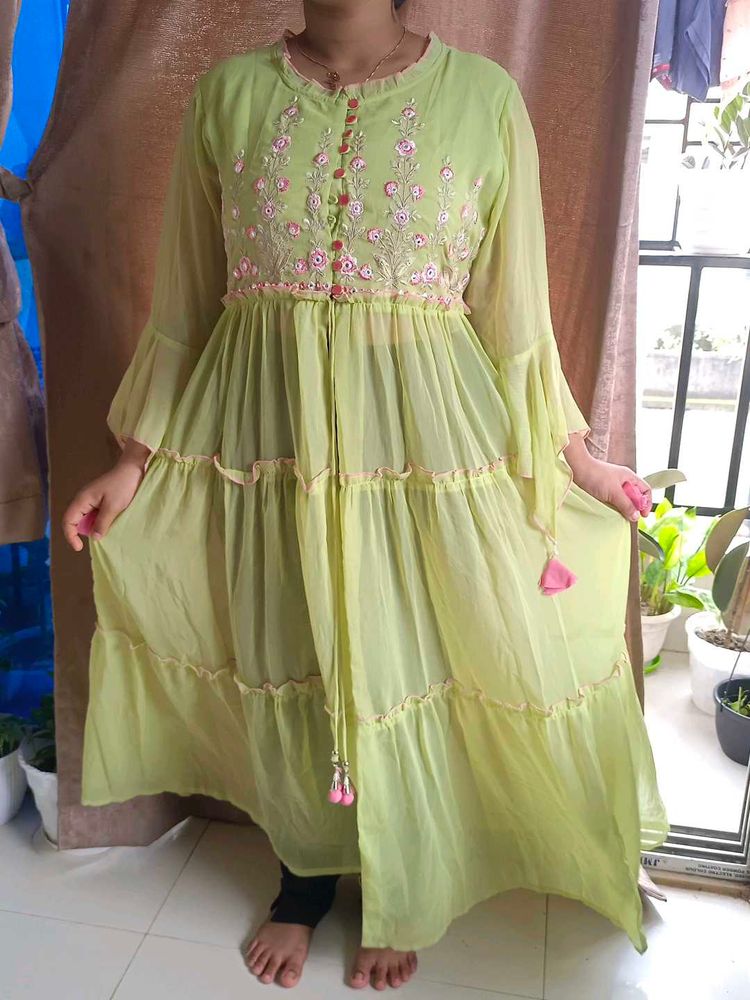 Green Embroidered Tiered Maxi Dress
