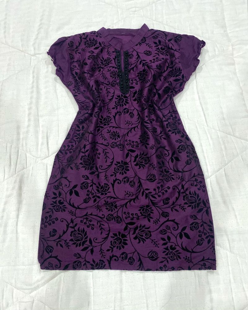 Dark Purple Velvet Print Tunic Kurti