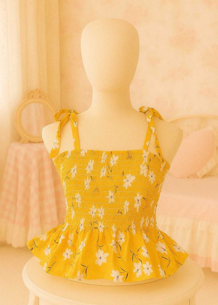 Yellow Floral Smocked Peplum Kawaii Cute Top 💛