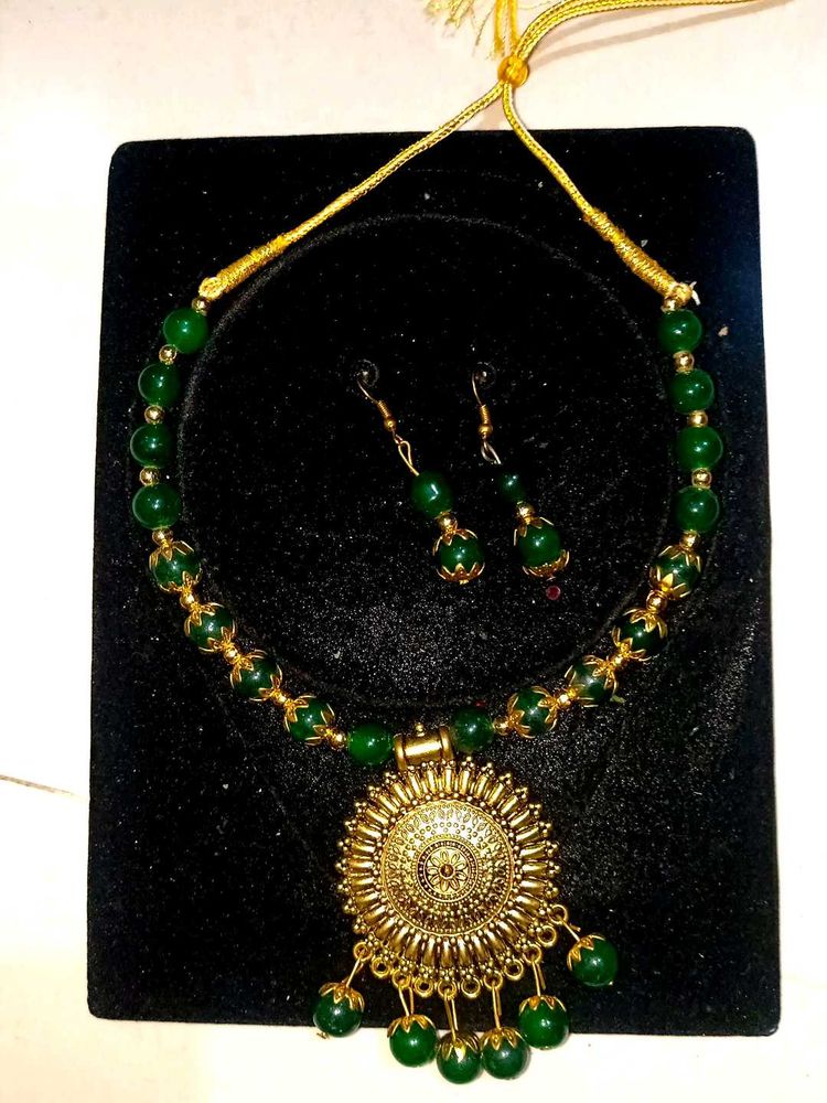 Green Beaded Necklace and Earring Set