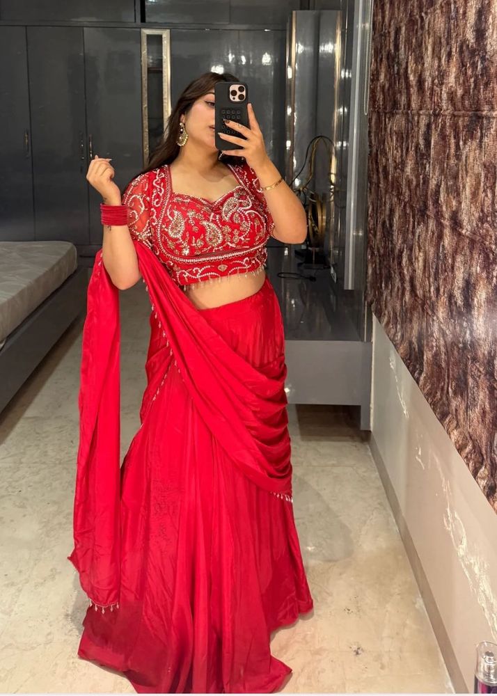 Red Embroidered pre draped saree new