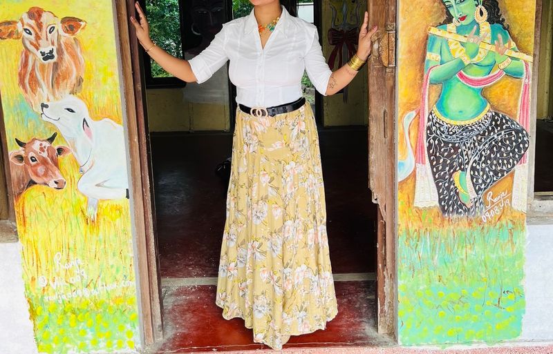 Cotton Flower Skirt With White Shirt