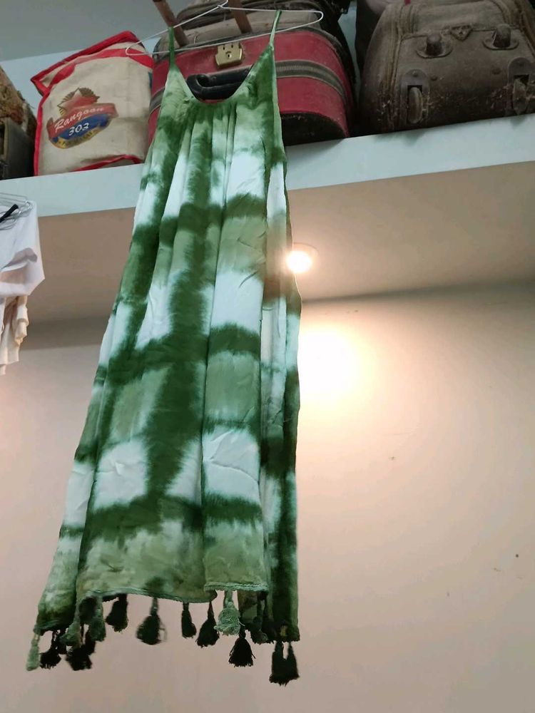 Green Tie-Dye Tassel Dress