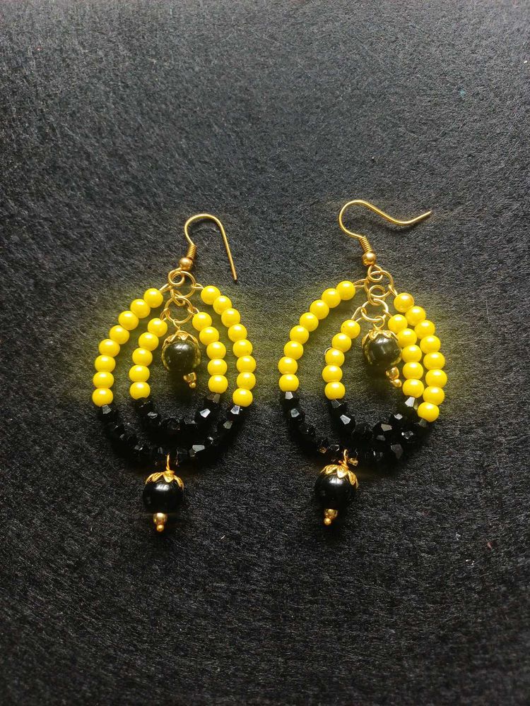 Vibrant Yellow &amp; Black Beaded Dangle Earrings