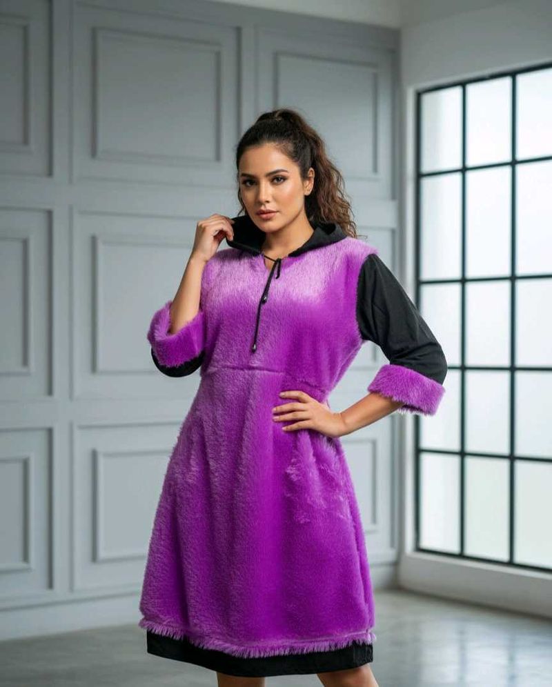Purple Faux Fur Hoodie Dress