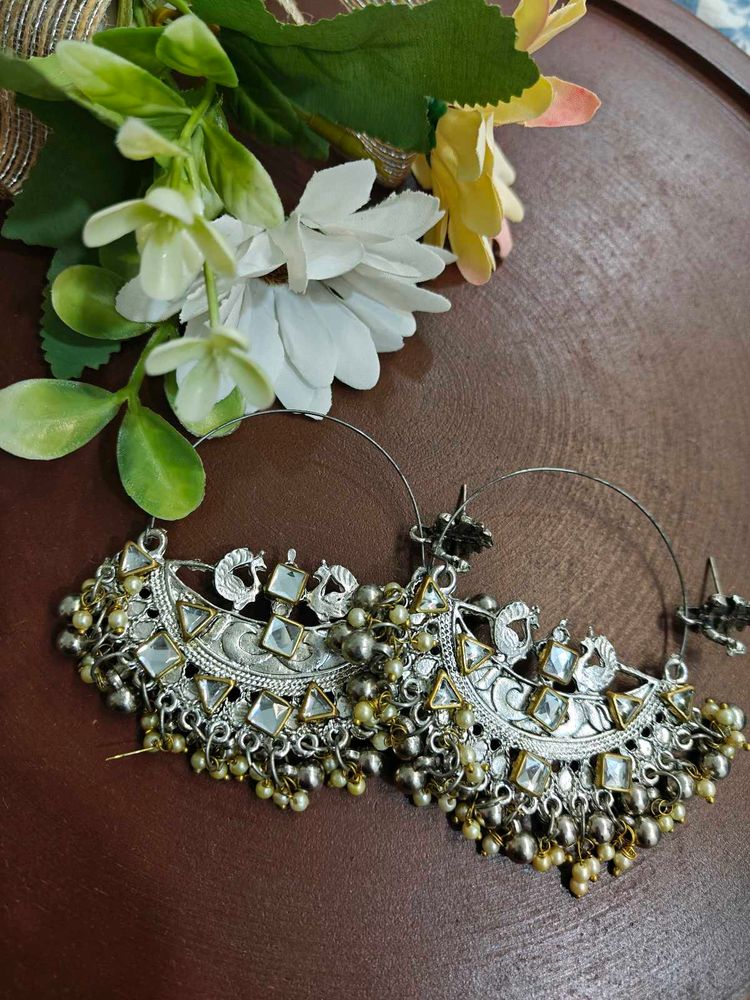 Statement Silver Kundan Hoop Earrings