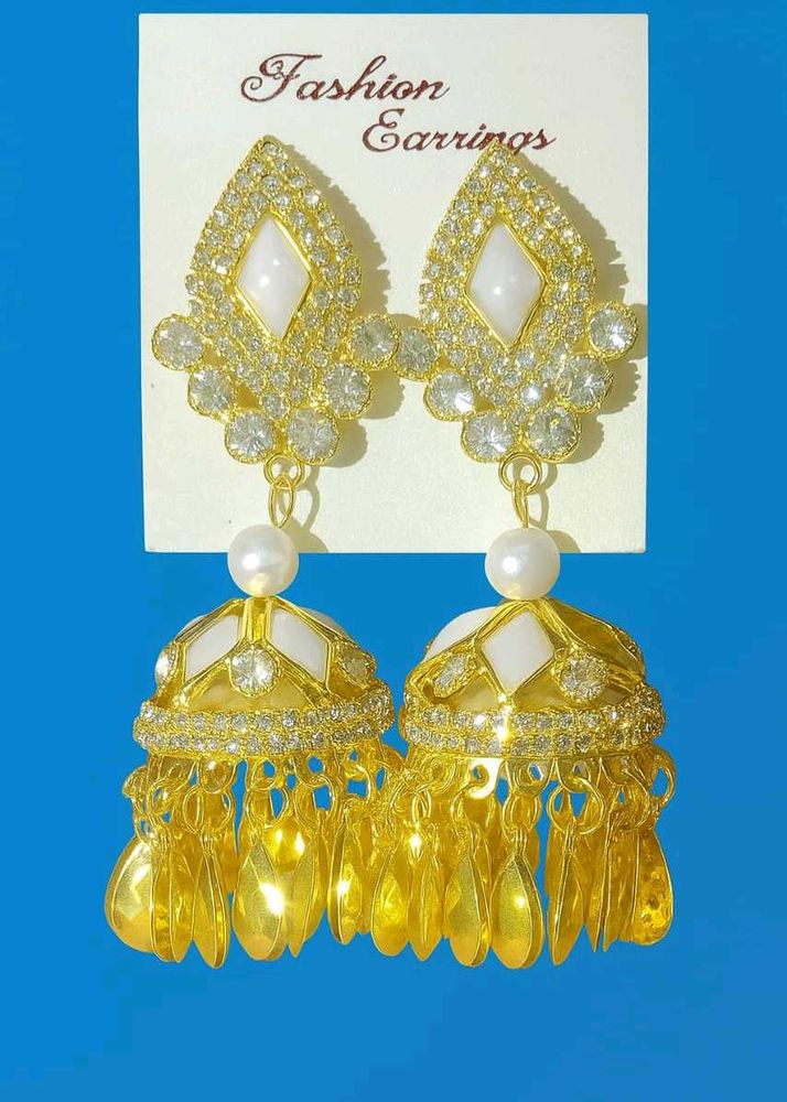 Gold Plated White Stone And Pearl Jhumka For Women