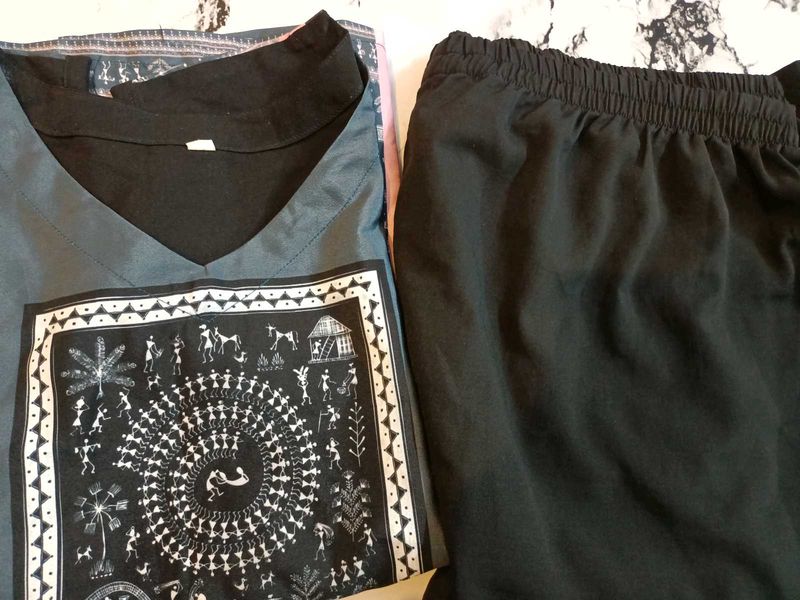 Elegant black printed Kurta Set with off shoulder