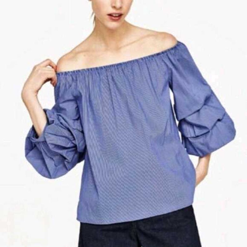 ZARA Blue Ruffle Sleeve Off-Shoulder Top