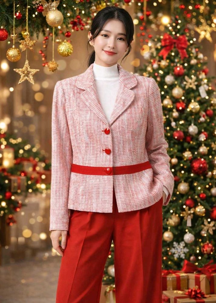 Korean Elegant Red Tweed Blazer