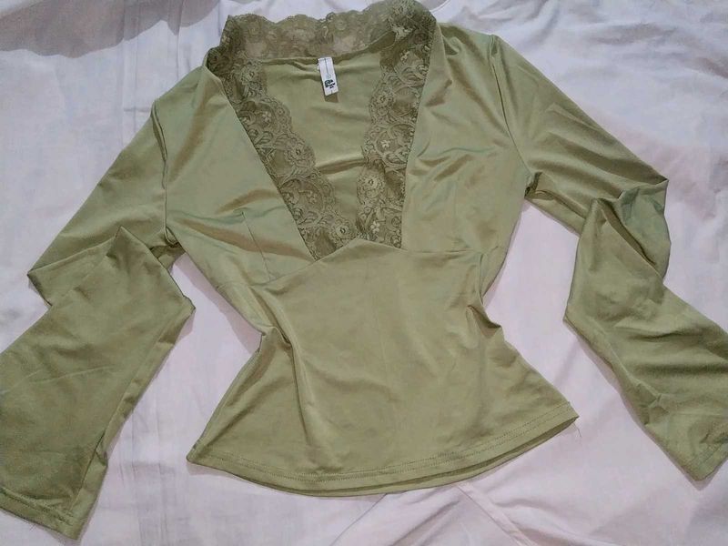 Olive Lace Detailed Plunging Neck Top