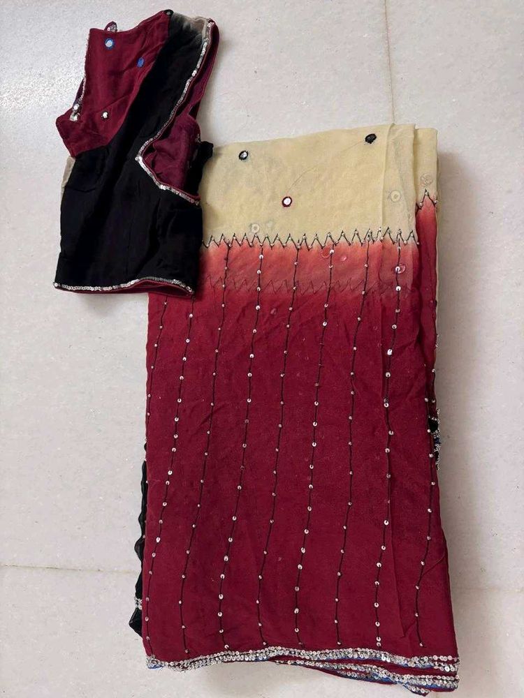 Black,Cream And Maroon Ombre Saree With Blouse