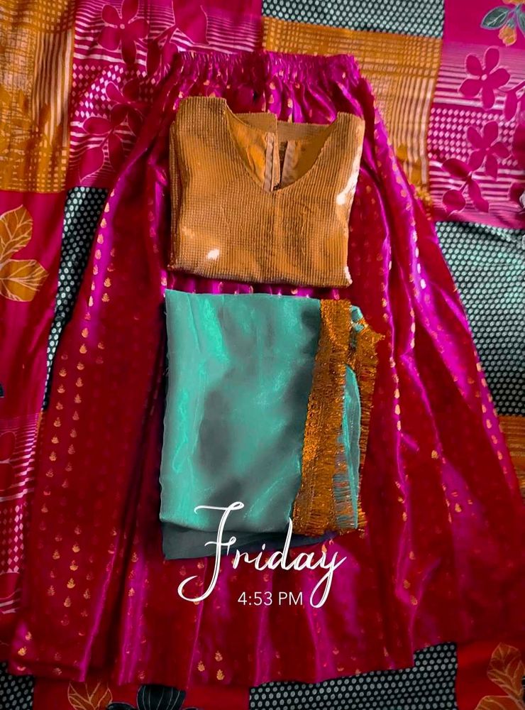 SparklyGold  Top With DarkPink Lehenga And Duppata
