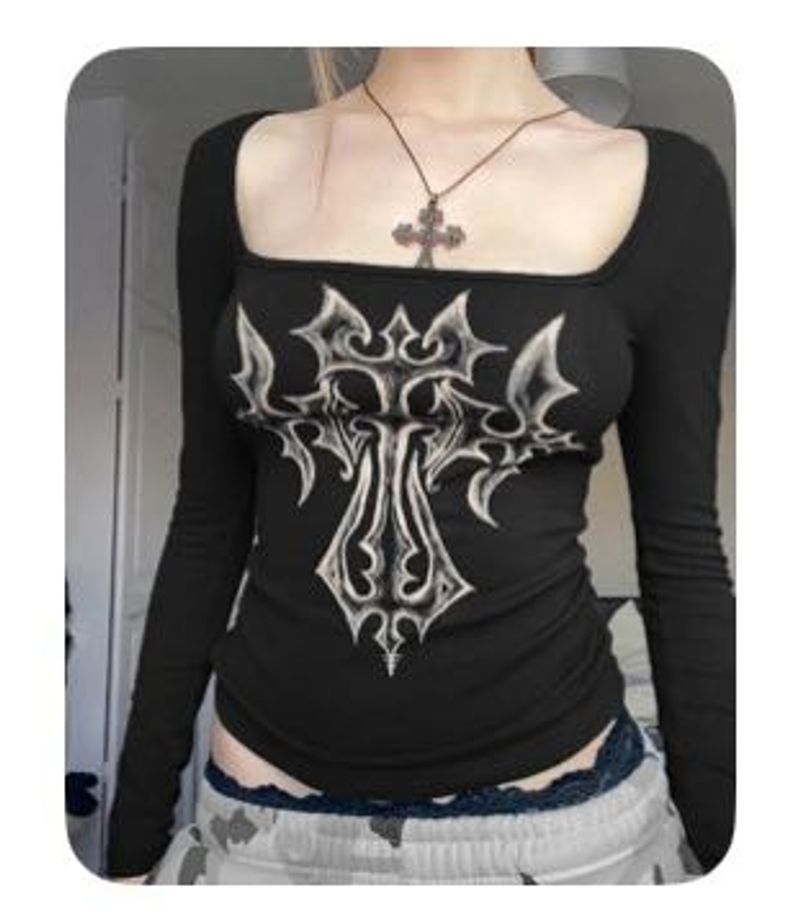 Gothic Cross Print Long Sleeve Top