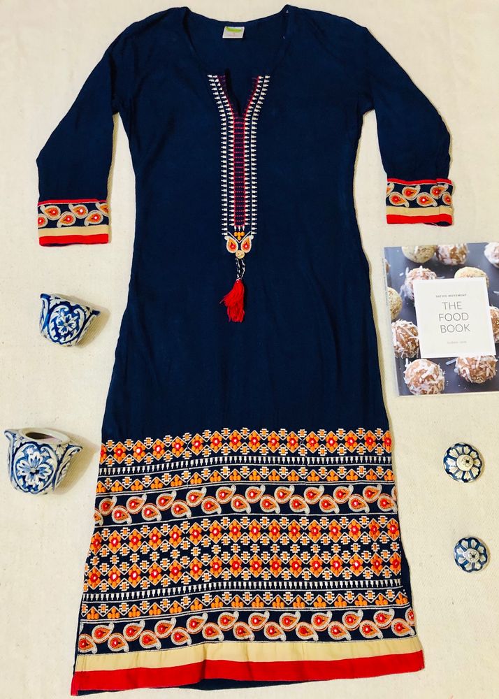 Navy Blue Embroidered Kurta ( Women )