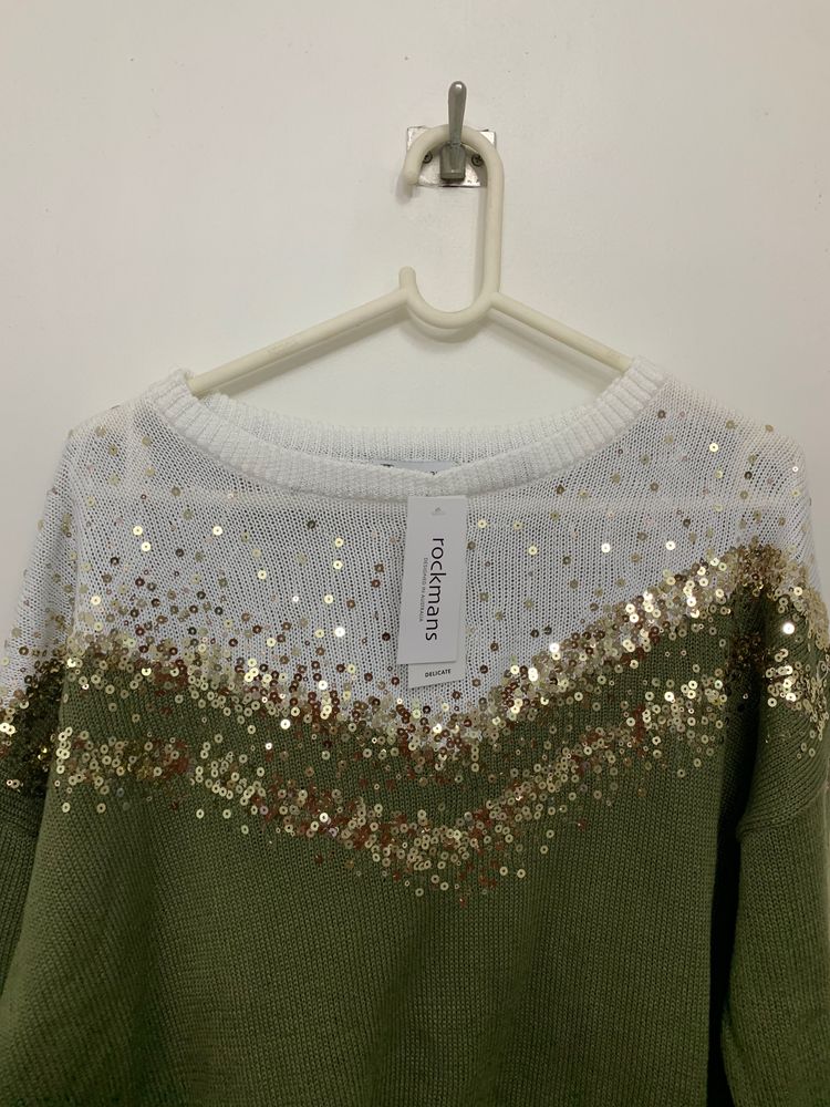 khaki green and white sweater with gold sequins