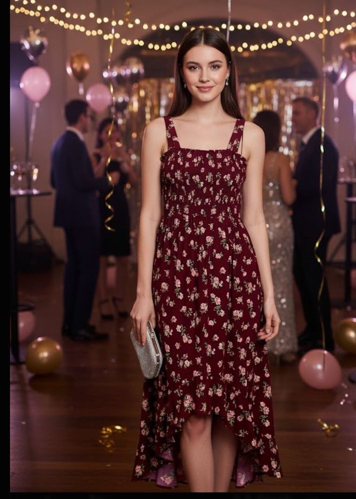 Elegant Burgundy Floral High-Low Party Dress