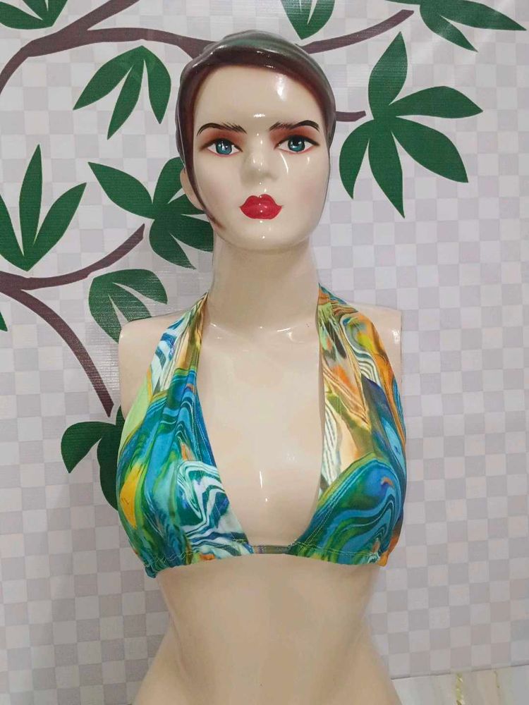 (1300)Colorful Marble Print Bikini Top