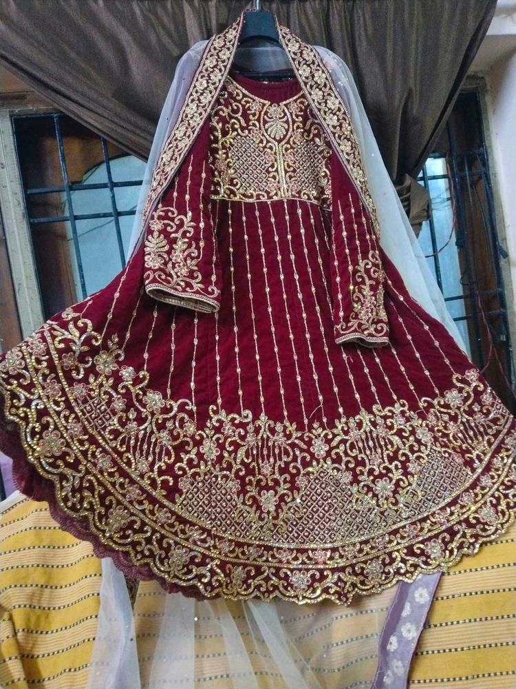 Maroon &amp; Gold Embroidered Dress.