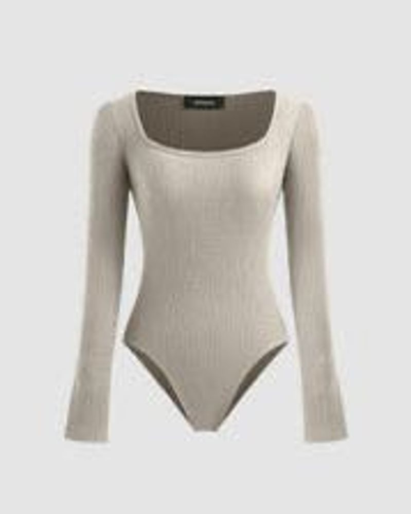 Square Neck Long Sleeve Bodysuit In Light Beige