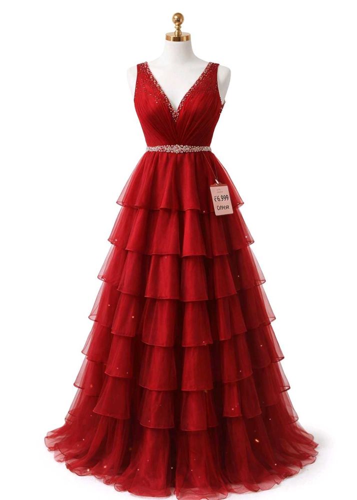 Red Ruffled Evening Gown