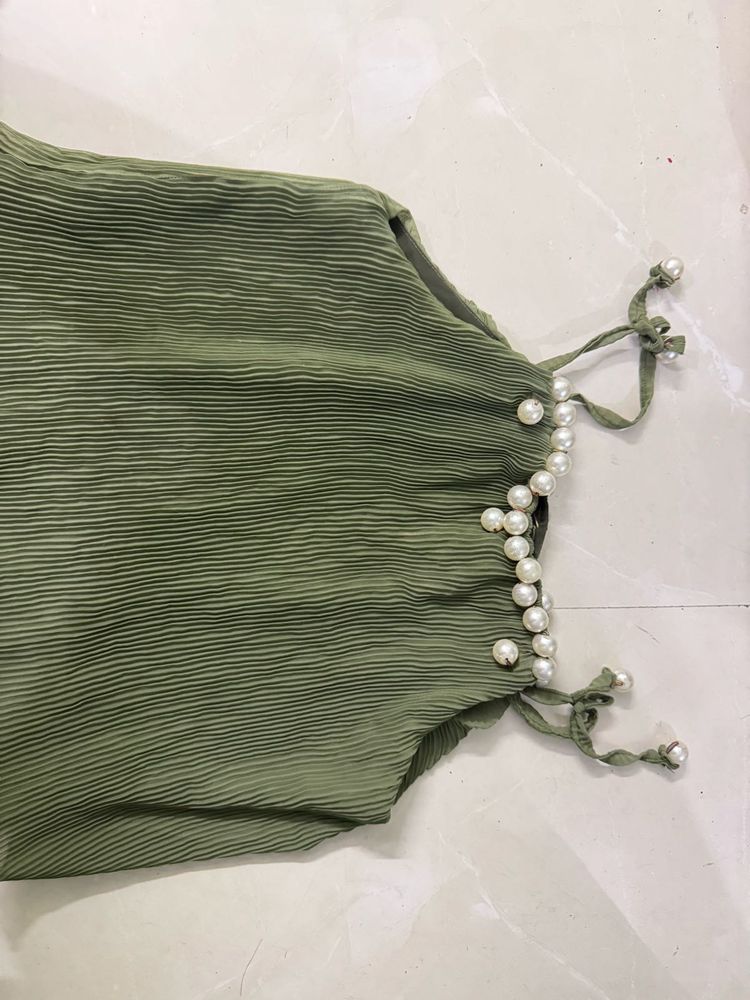 Olive Green Pearl Detail Top
