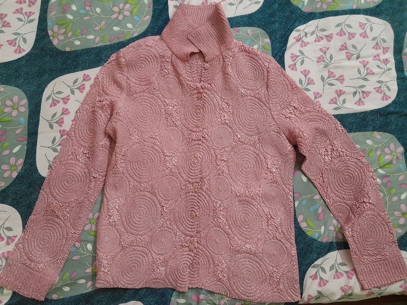Shimmer Pink Stylish Self Designed Full Sleeved Shirt