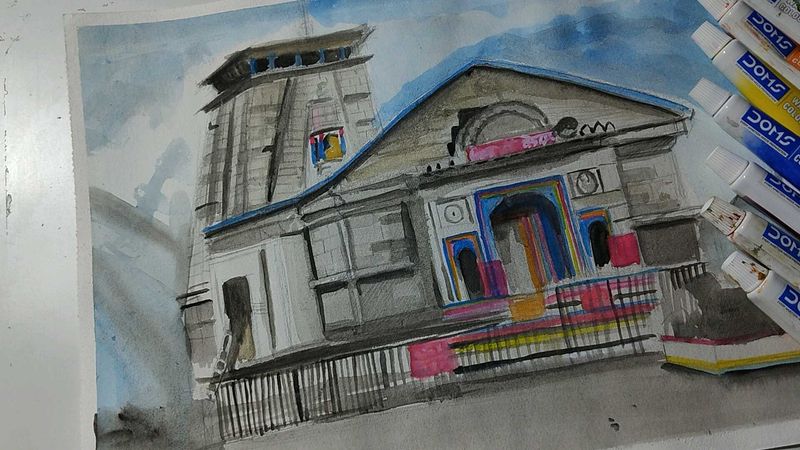 Kedarnath Temple Watercolor Painting